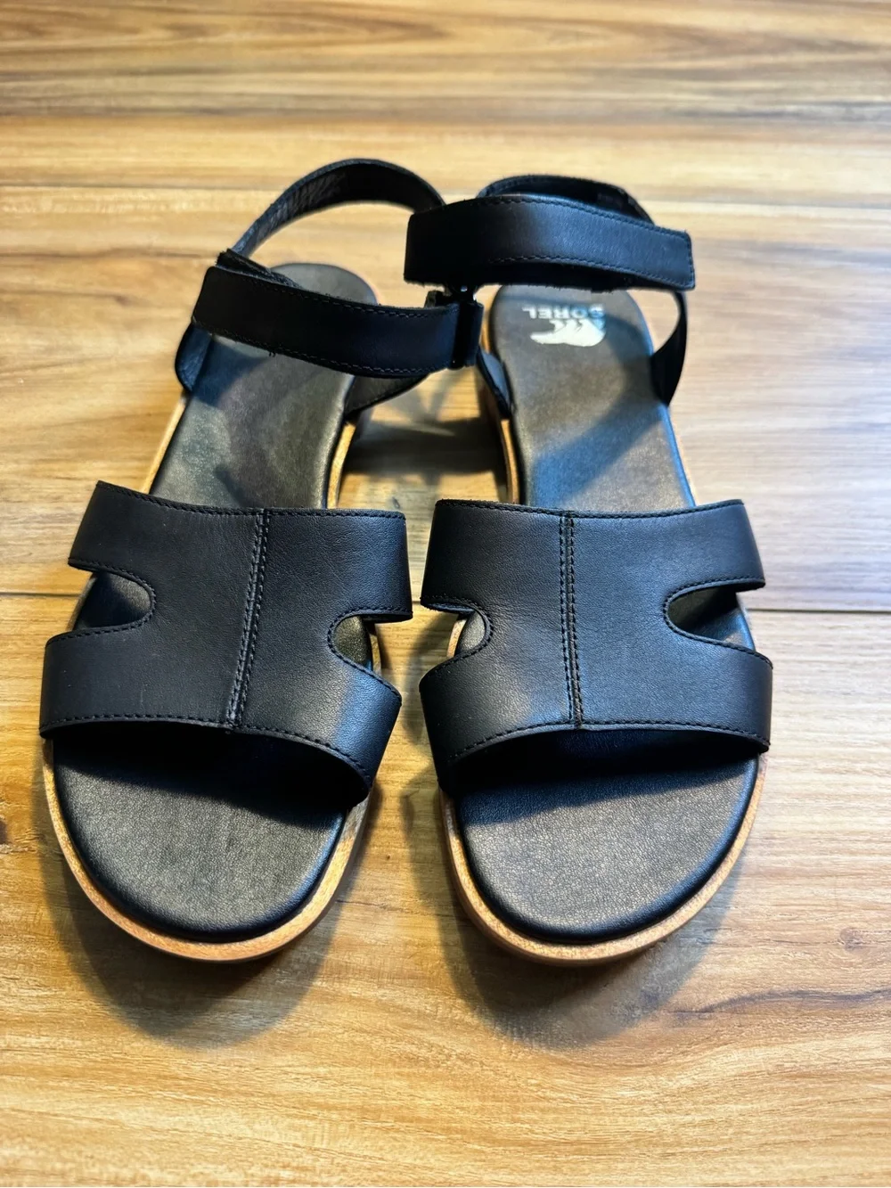 Sorel Black Faux Leather Two-Strap Velcro Ankle Sandals